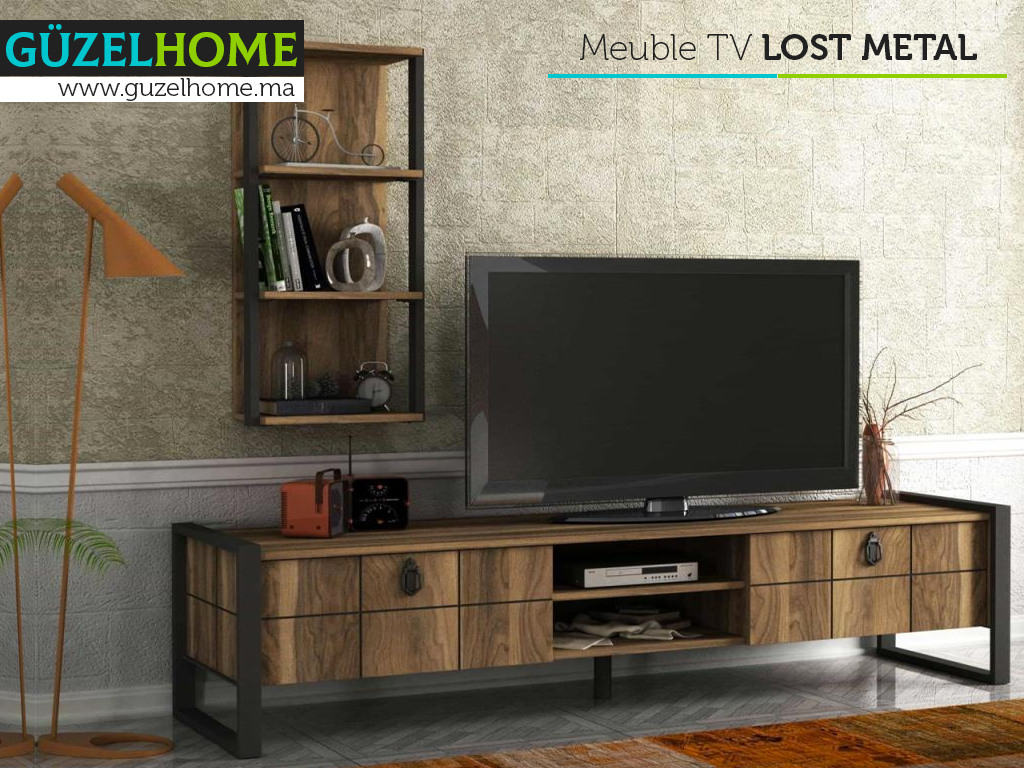 Meuble TV LOST IRON - Noyer et Noir Métal - Ameublement Maroc
