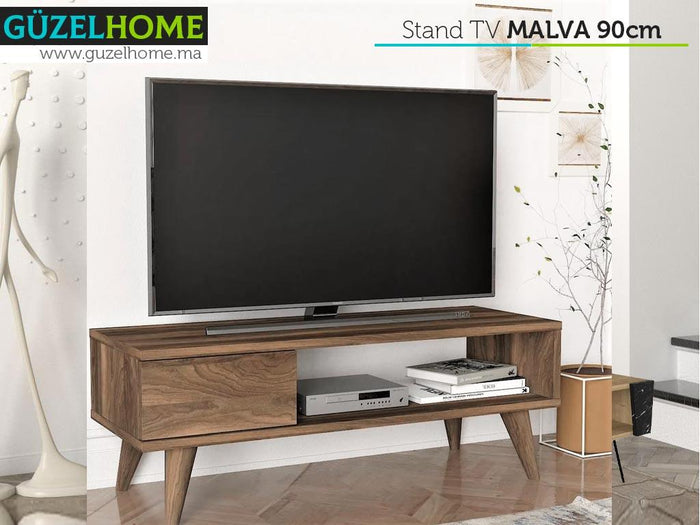 Table TV MALVA 90cm à 1 tiroir et 1 niche - Marron Noyer