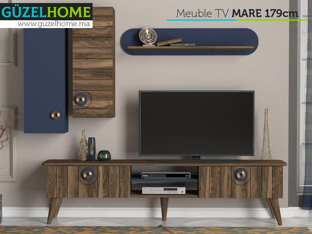Ensemble de Meuble TV MARE avec rangement - Noyer, Bleu et Doré