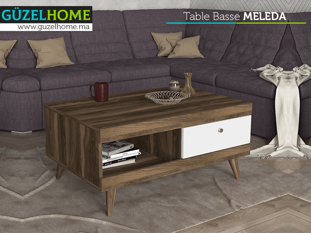 Table Basse MELEDA à 2 tiroirs - Noyer et Blanc - Salon et séjour