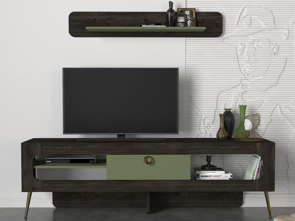 Meuble TV MILANDRA - Noir Charbon, Vert et Doré - Salon et séjour