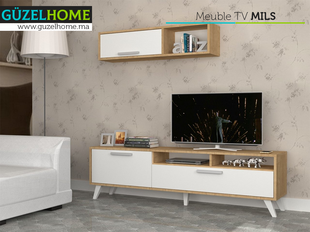 MILS 180CM - Meuble TV avec rangement - Chêne et Blanc