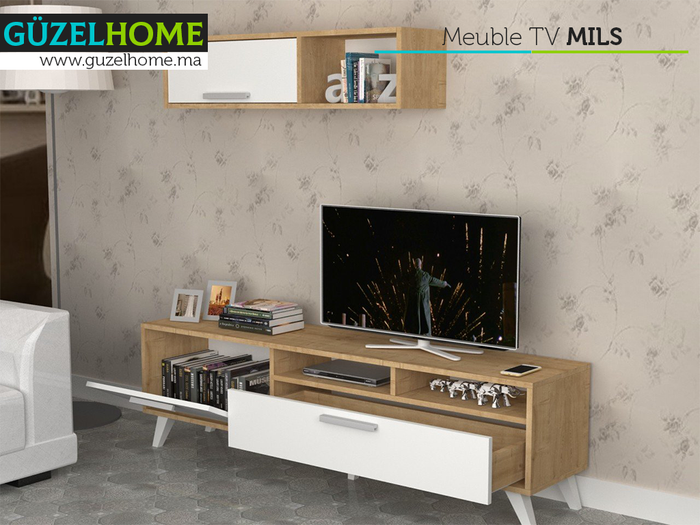 MILS 180CM - Meuble TV avec rangement - Chêne et Blanc