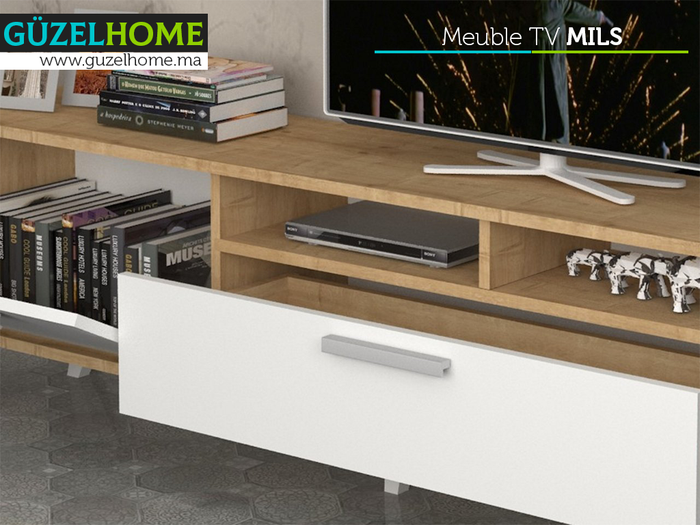 MILS 180CM - Meuble TV avec rangement - Chêne et Blanc