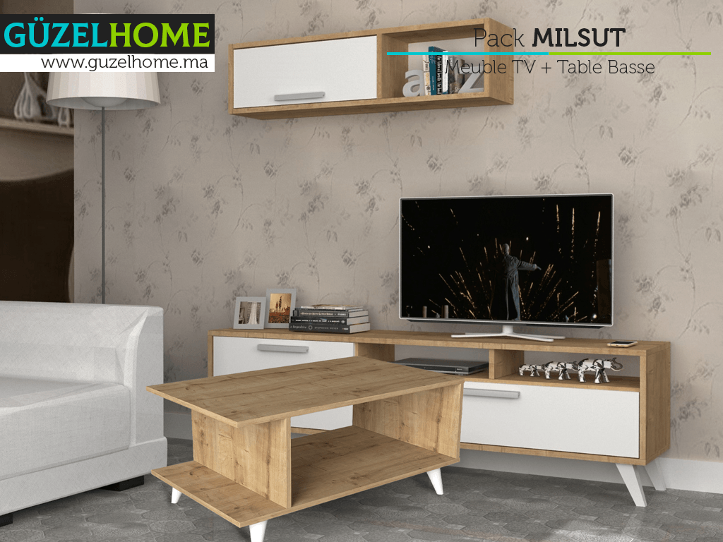 MILSUT - Meuble TV et table basse - Chêne et Blanc - Salon et séjour