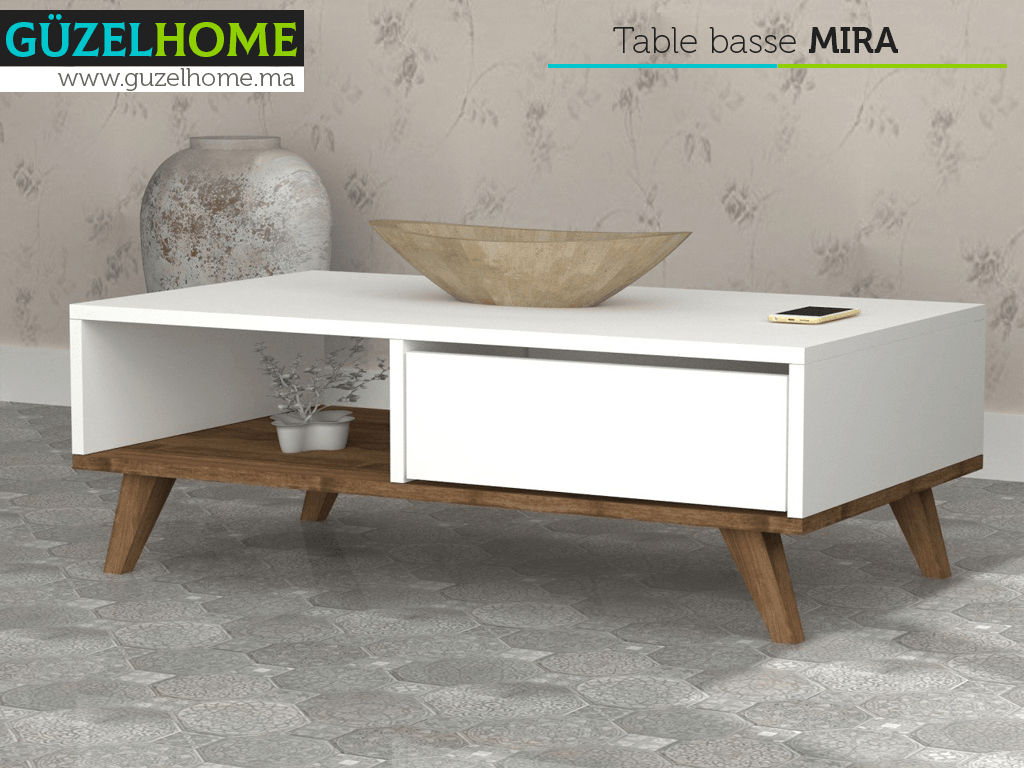 Table Basse MIRA 120cm - Blanc et noyer - Salon et séjour
