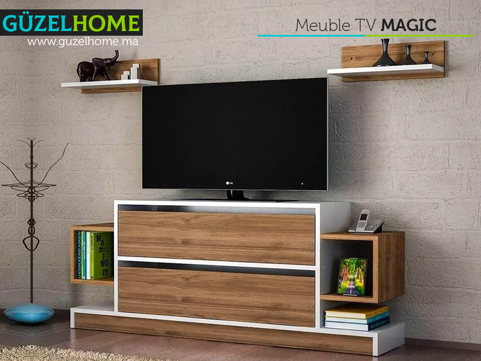 Meuble TV MAGIC avec 2 étagères - Noyer et Blanc