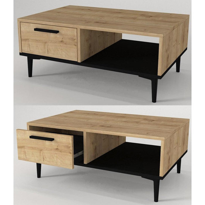 Table Basse à tiroir NEFEL - Chêne et Noir - Ameublement d'intérieur