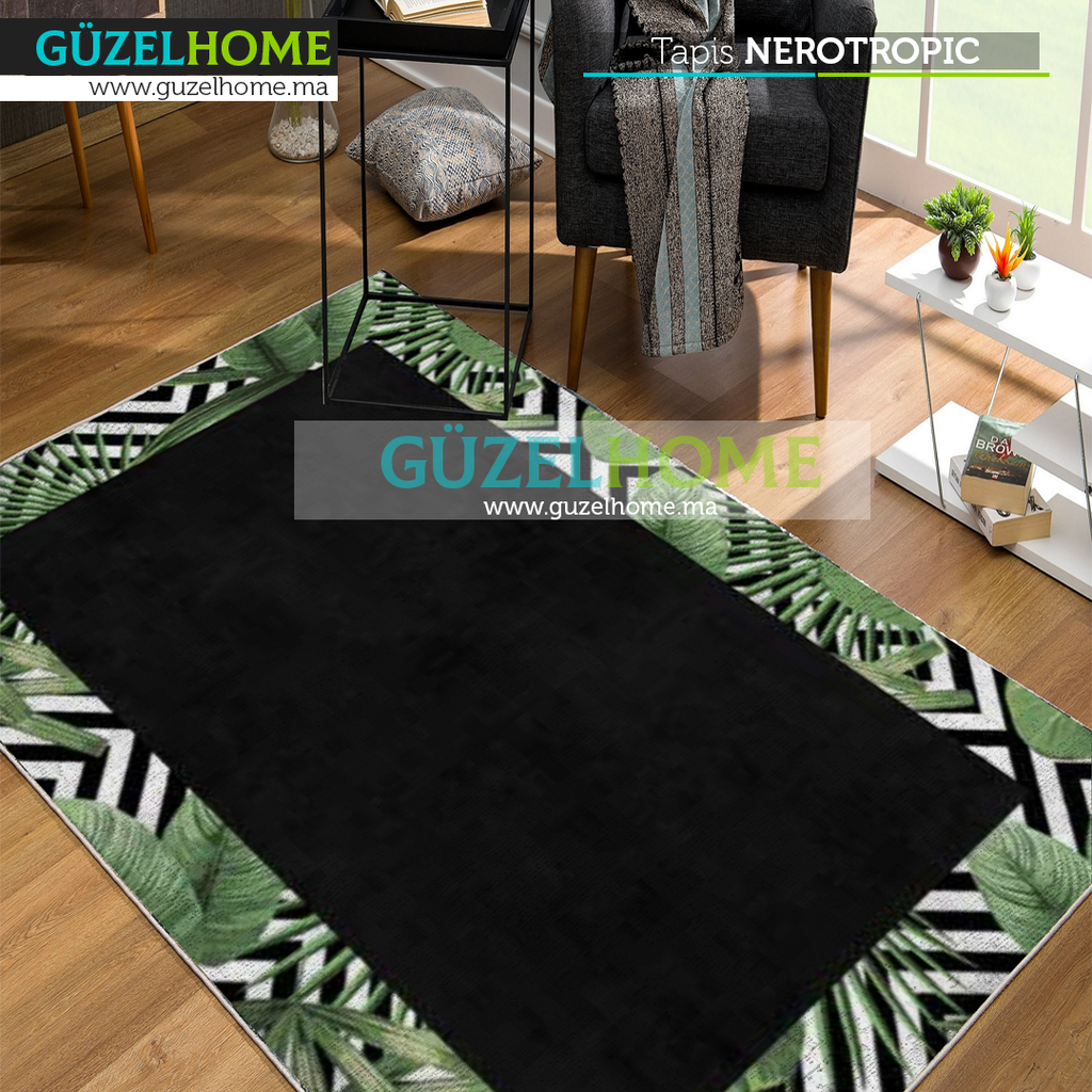 Tapis moderne NEROTROPIC - Noir et vert - Ameublement intérieur