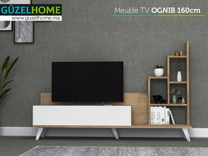 Meuble TV OGNIB avec rangement - Blanc et chêne - Salon et séjour