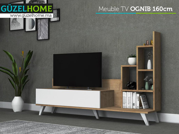 Meuble TV OGNIB avec rangement - Blanc et chêne - Salon et séjour