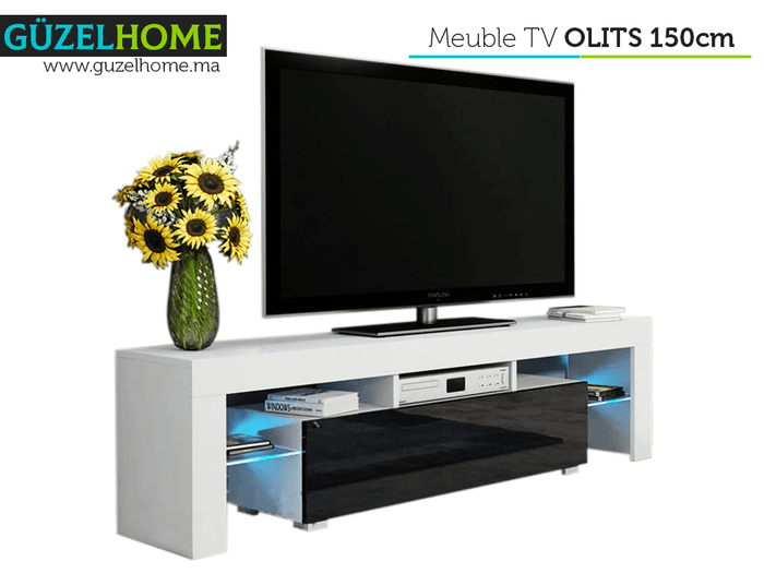 OLITS 150CM  - Meuble TV avec éclairage LED - Noir et Blanc