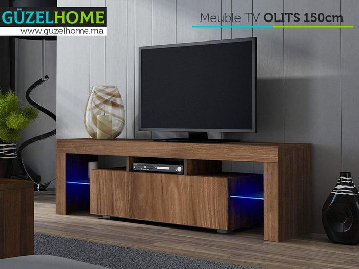 Meuble TV avec éclairage LED 150cm - Marron Noyer