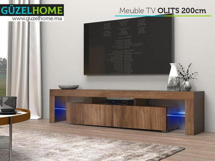 Meuble TV avec éclairage LED 200cm - Effet Noyer