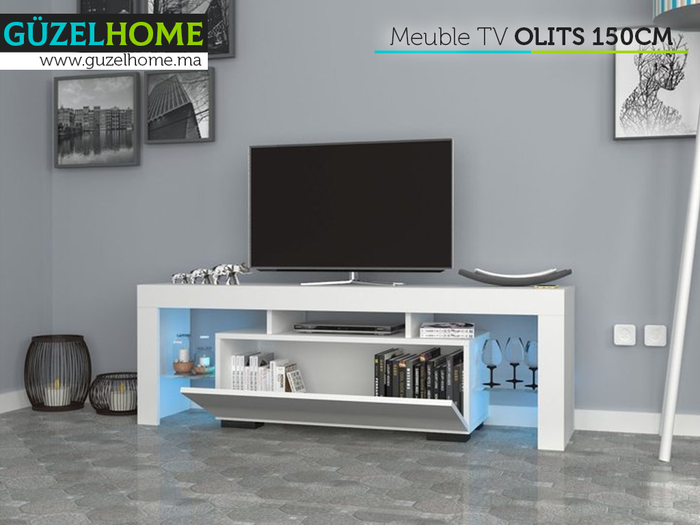 OLITS 150cm  - Meuble TV avec éclairage LED - Blanc