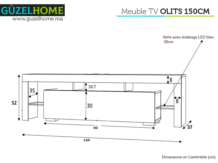 Meuble TV150cm - avec éclairage LED  OLITS  - Blanc