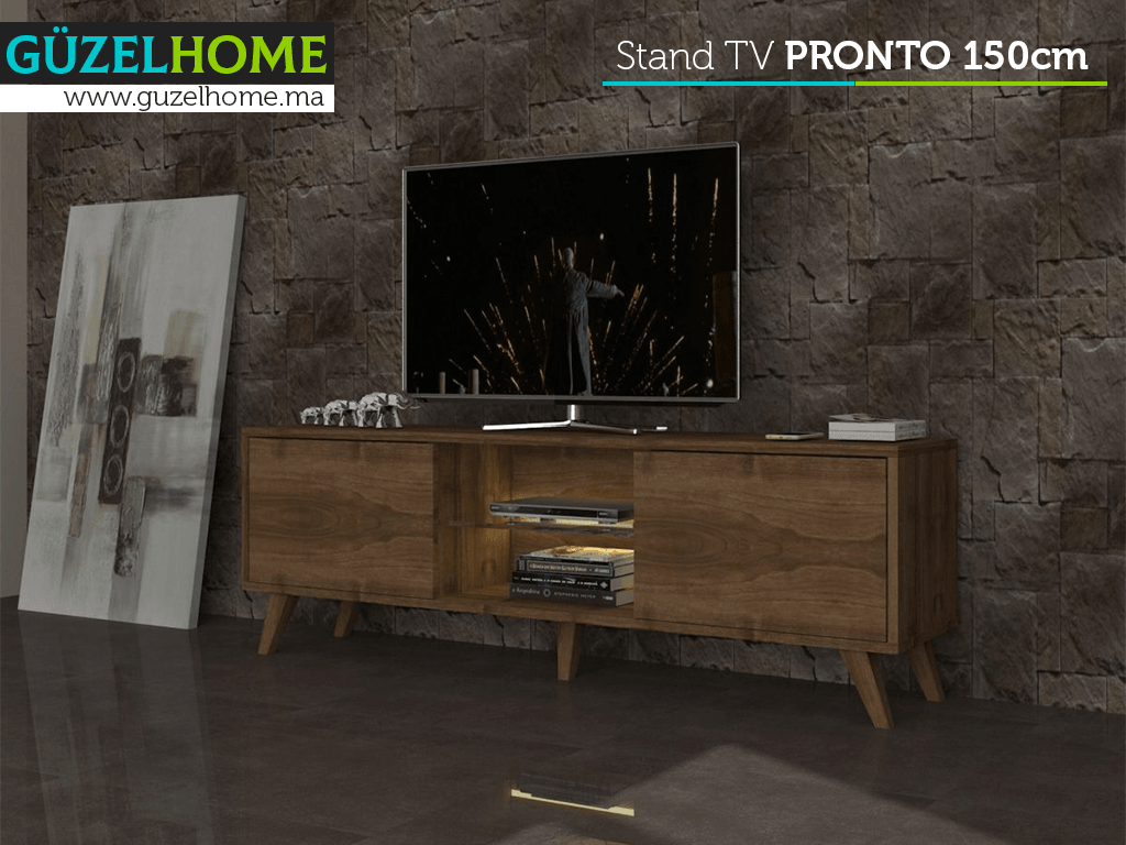 Stand TV PRONTO 150CM Noyer  - Meuble TV avec éclairage LED
