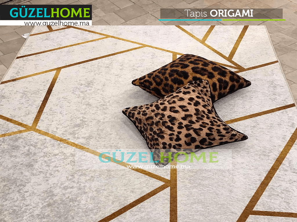 Tapis moderne imprimé ORIGAMI - Gris clair et Doré en dégradé - Salon et Séjour