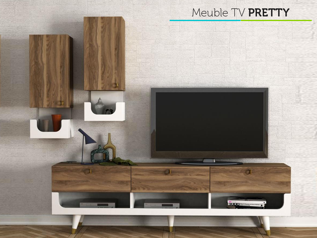 Meuble TV PRETTY - Noyer et Blanc