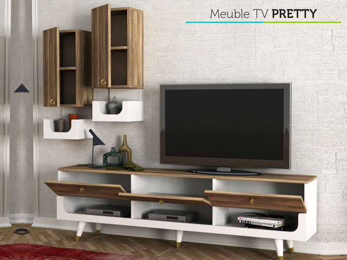 Meuble TV PRETTY - Noyer et Blanc