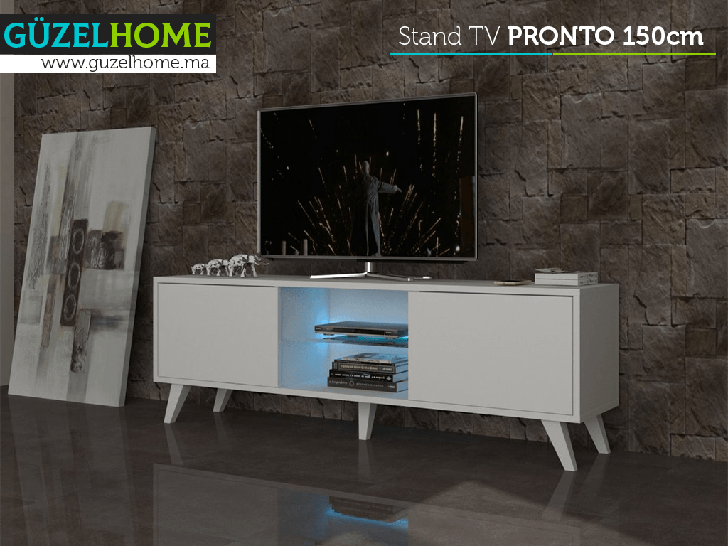 Stand TV PRONTO 150CM BLANC  - Meuble TV avec éclairage LED