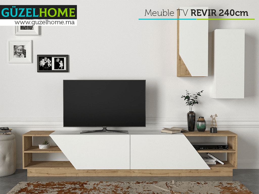Meuble TV avec rangement REVIR 240CM - Chêne et Blanc