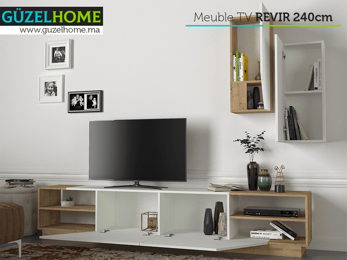Meuble TV avec rangement REVIR 240CM - Chêne et Blanc