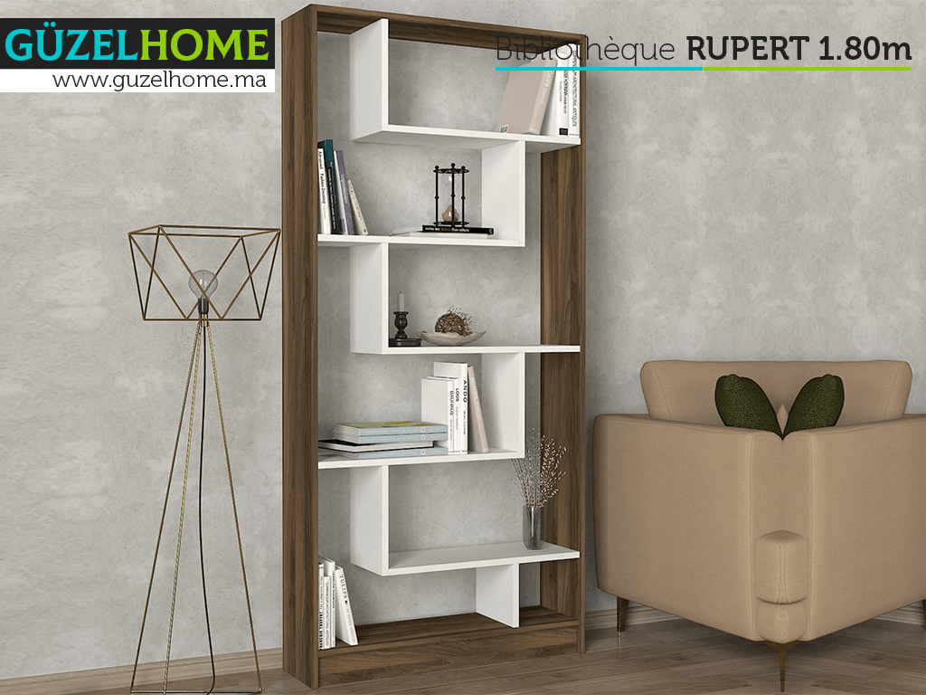 Bibliothèque RUPERT 180cm - Blanc et Noyer - étagères de rangement