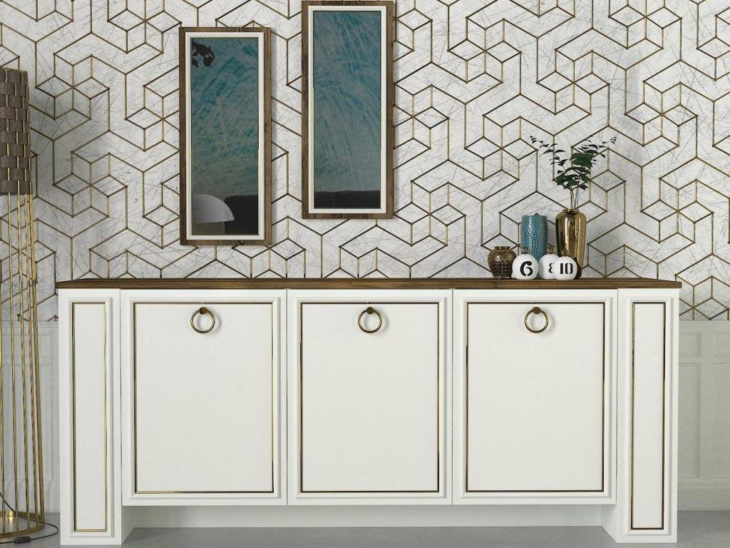 Buffet Console SANSA avec 2 miroirs - Blanc, Noyer et Doré - Entrée et séjour