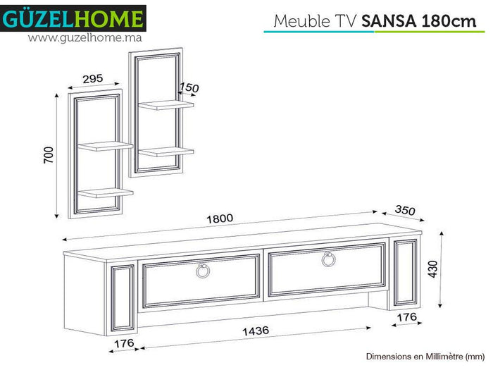 Meuble TV SANSA avec 2 étagères - Blanc, Noyer et Doré