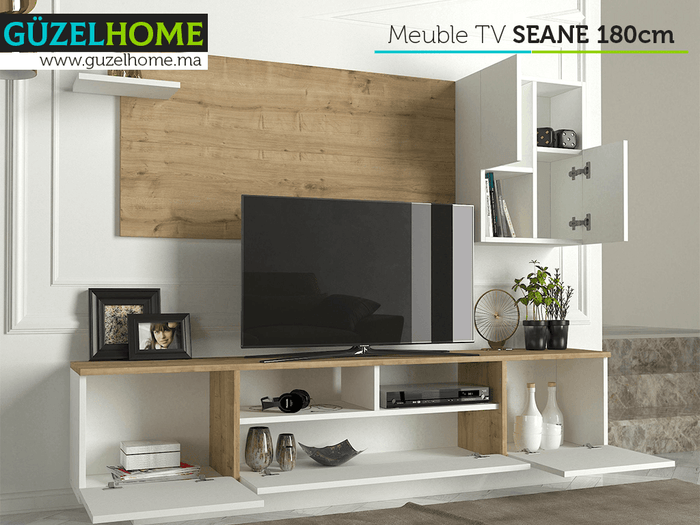 Meuble TV avec rangement SEANE 180cm - Chêne et Blanc - Salon et séjour