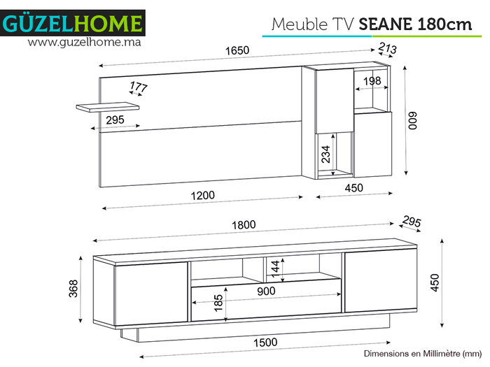 Meuble TV avec rangement SEANE 180cm - Chêne et Blanc - Salon et séjour