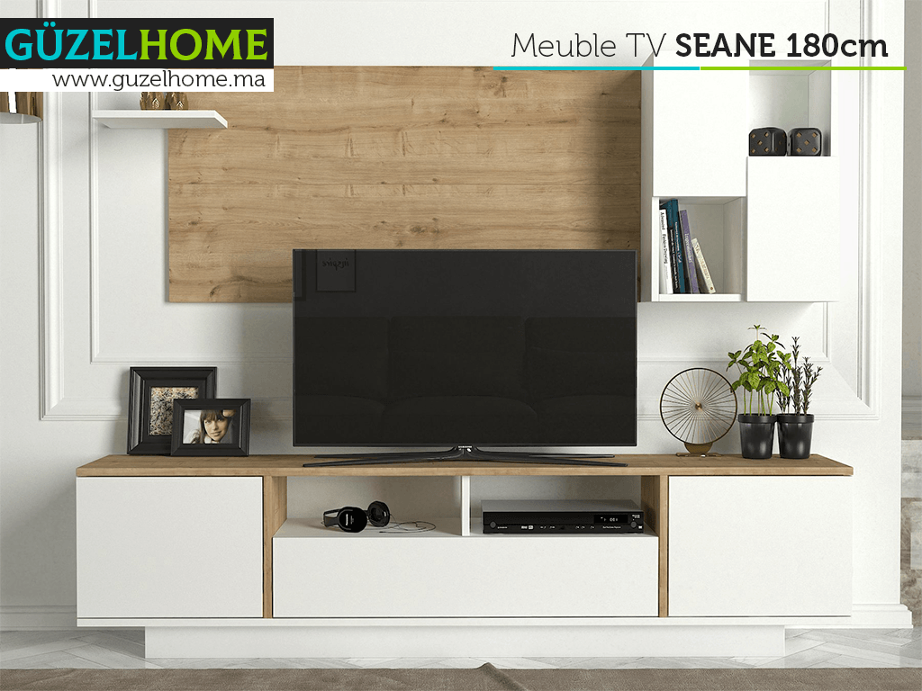 Meuble TV avec rangement SEANE 180cm - Chêne et Blanc - Salon et séjour