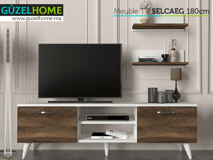 Meuble TV SELCAEG 180cm - Blanc et Noyer - Salon et séjour