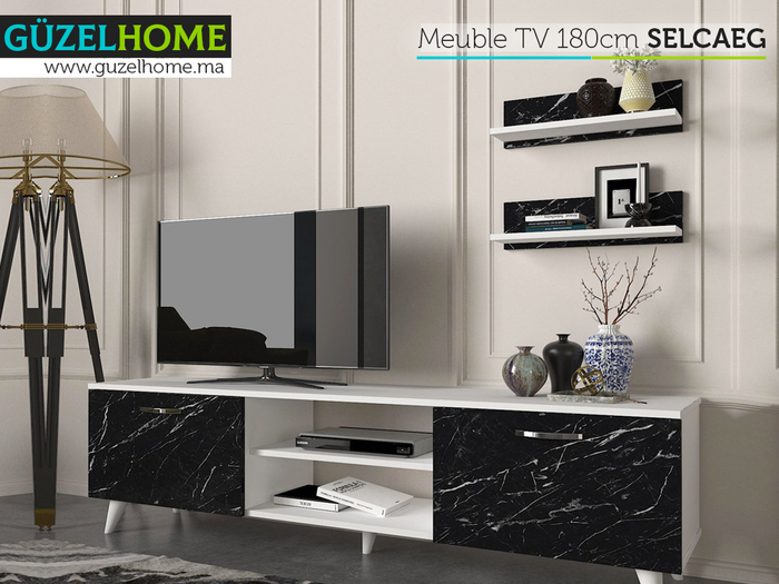 Meuble TV SELCAEG - Blanc et Effet Marbre - Salon et séjour