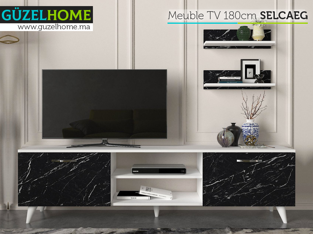 Meuble TV SELCAEG - Blanc et Effet Marbre - Salon et séjour