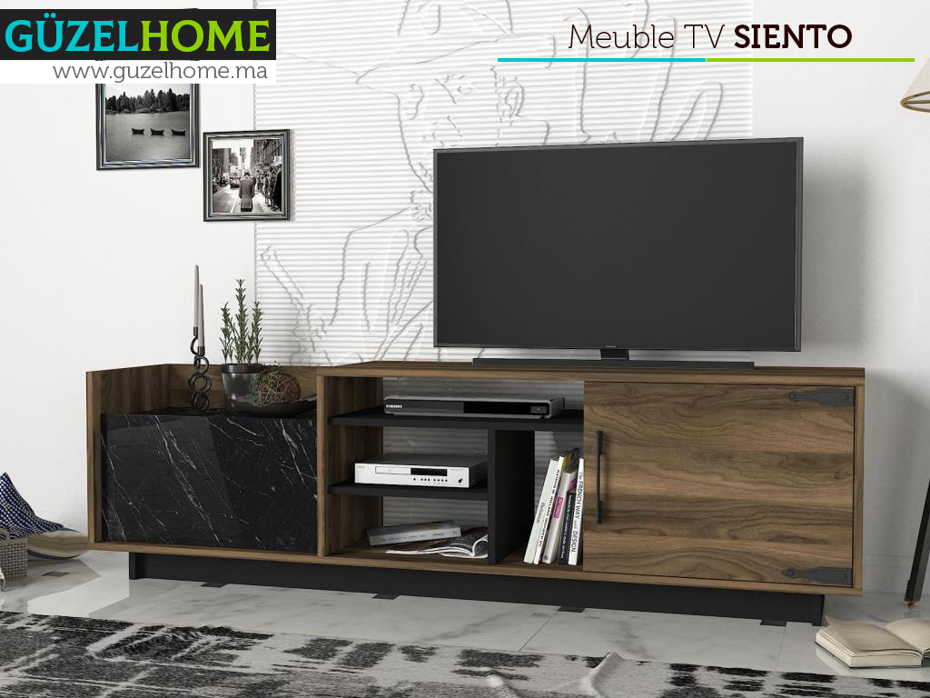 Meuble TV SIENTO - Noyer, Effet Marbre et Gris