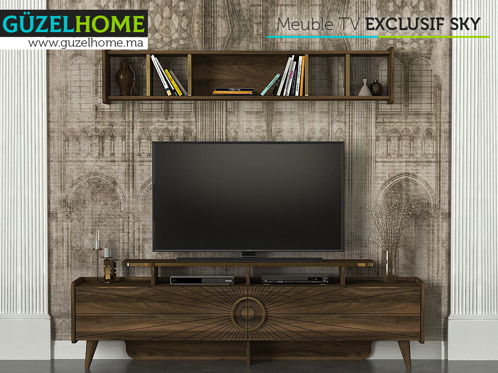 Meuble TV EXCLUSIVE SKY - Noyer et Doré - Salon et séjour