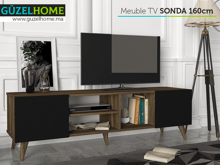 Table TV SONDA 160cm - Noyer et Noir - Ameublement Maroc