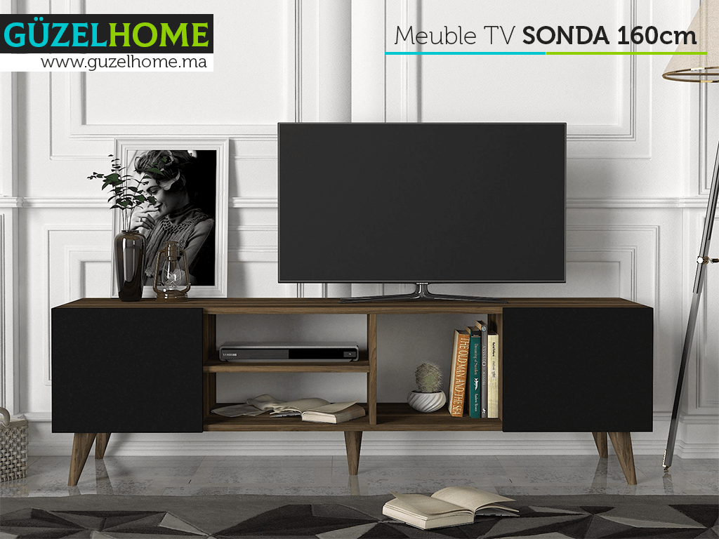Table TV SONDA 160cm - Noyer et Noir - Ameublement Maroc