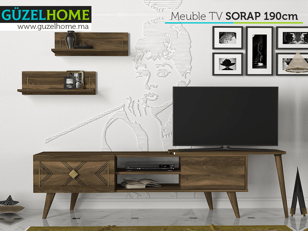 Meuble TV SORAP 190cm - Noyer et Doré - Salon et séjour