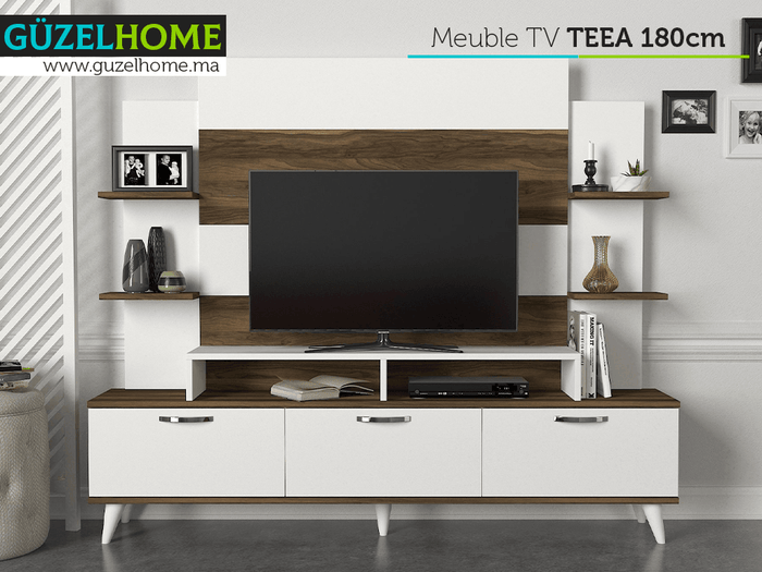 Meuble TV TEEA 180cm - Noyer et Blanc