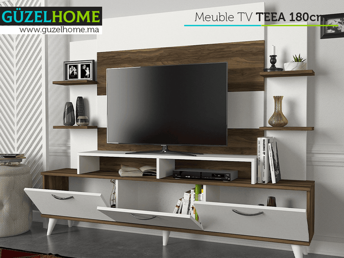Meuble TV TEEA 180cm - Noyer et Blanc