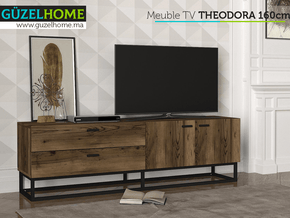 Meuble TV THEODORA 160cm à 2 tiroirs - Noyer rustique et Noir — vue alternative
