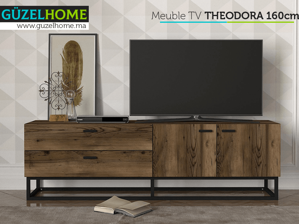 Meuble TV THEODORA 160cm à 2 tiroirs - Noyer rustique et Noir
