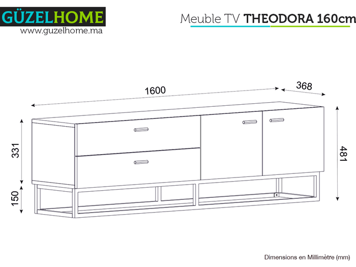 Meuble TV THEODORA 160cm à 2 tiroirs - Noyer rustique et Noir
