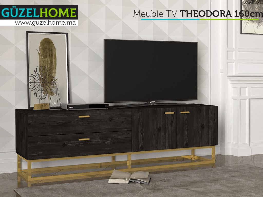 Unité TV THEODORA 160cm - Noir charbon et doré