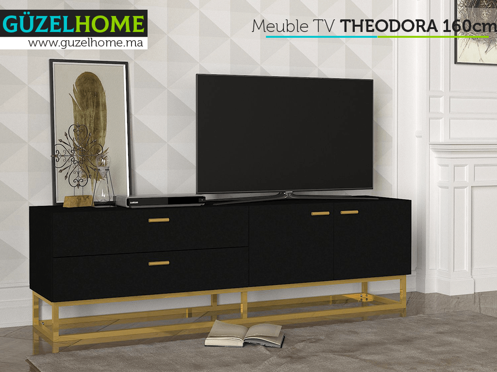 Table TV THEODORA 160cm à 2 tiroirs - Noir laqué et doré