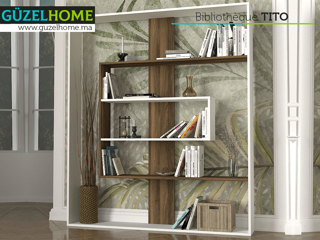 Biblio TITO - Blanc et Noyer - étagères de rangement