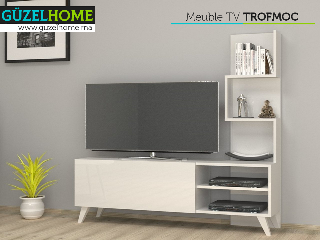 TROFMOC  140cm - Meuble TV avec rangement - Blanc.